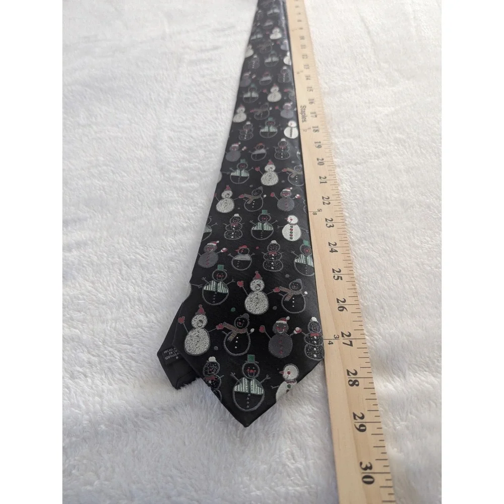 Vtg American Greetings Necktie Black Snowman Holiday Silk Mens OS